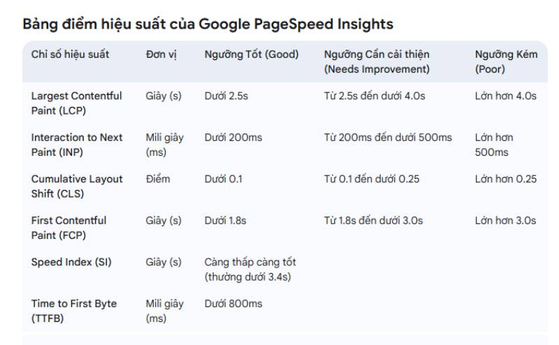 Bảng hiệu suất của google pagespeed insights